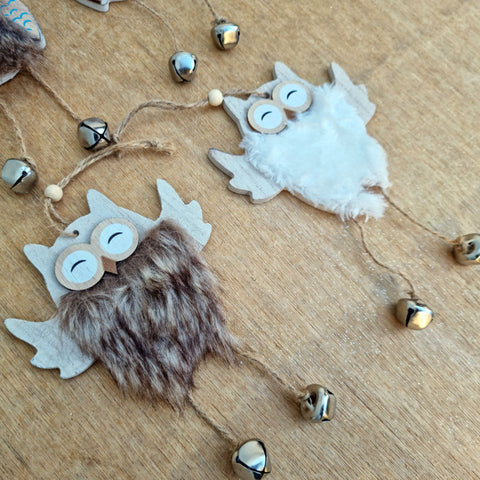 Fluffy Wood Owl Christmas Ornament - White Eyes Closed
