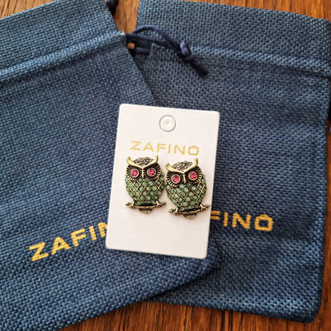 Jewelled Jade Green Owl Stud Earrings