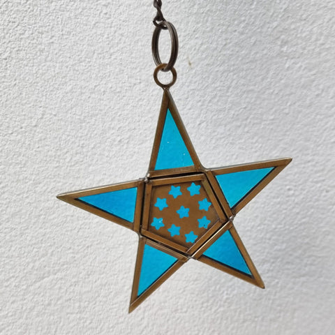 Hanging Star Ornament Glass & Brass - Turquoise