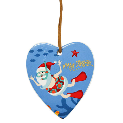 Diving Santa Merry Christmas Hanging Heart Ornament