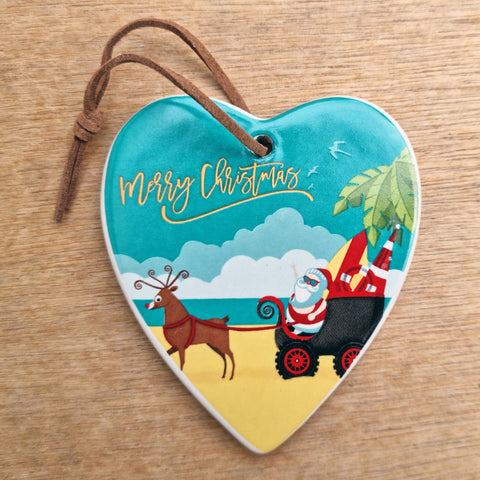 Beach Santa On Sleigh Merry Christmas Hanging Heart Ornament