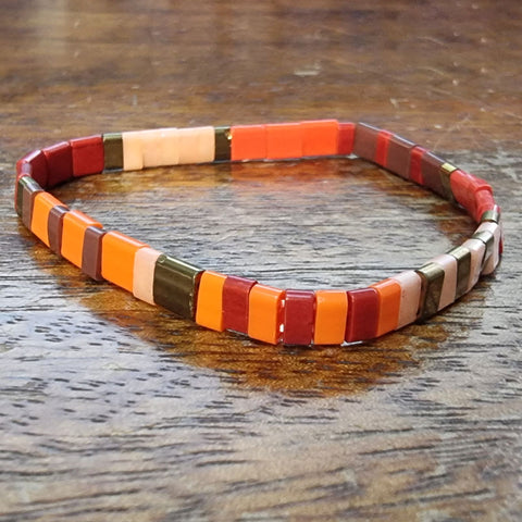 Gypsy Boho Tile Stretch Bracelet - Orange & Red