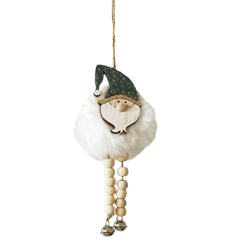 Fluffy Santa Ornament With Beads & Bells - Sage