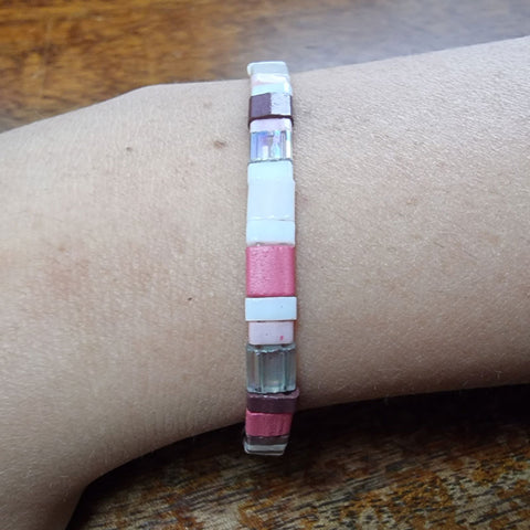 Gypsy Boho Tile Stretch Bracelet - Pink & Red