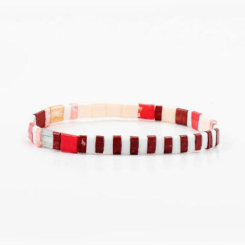 Gypsy Boho Tile Stretch Bracelet - Pink & Red