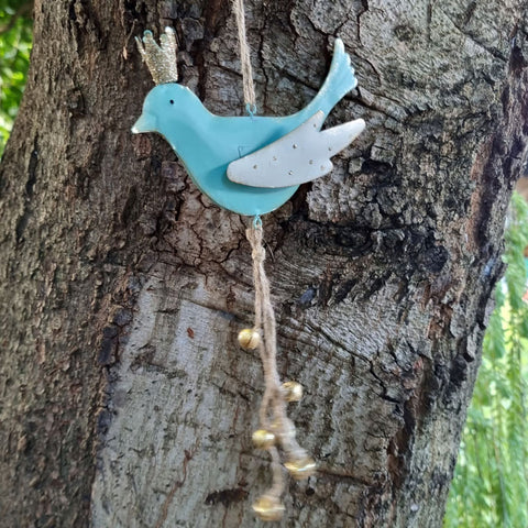 Hanging Aqua Bird With Bells