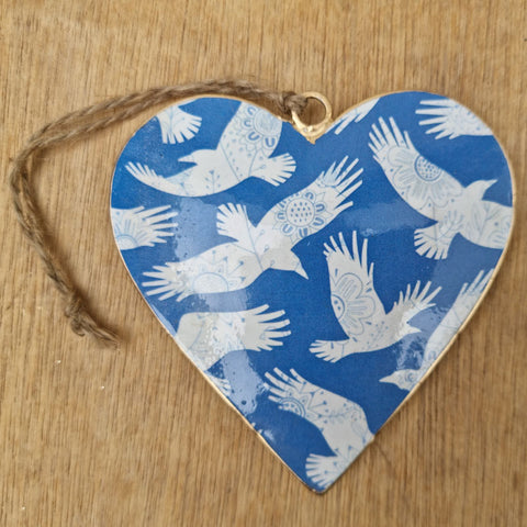 Blue & White Bird Metal Heart Ornament