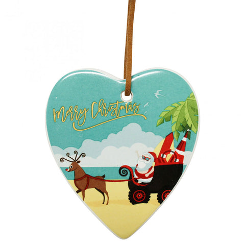 Beach Santa On Sleigh Merry Christmas Hanging Heart Ornament
