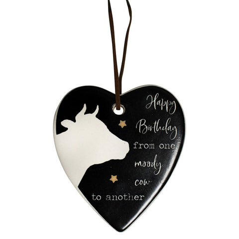 Happy Birthday Moody Cow Hanging Heart Ornament