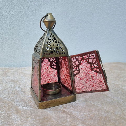 Brass And Glass Handcrafted Lantern - Red