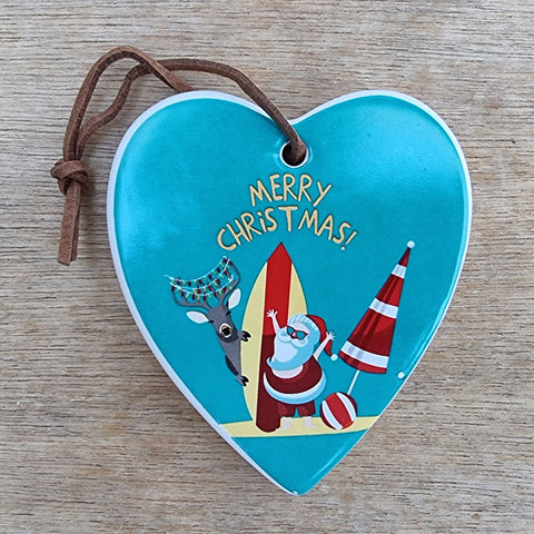 Surfboard Santa Merry Christmas Hanging Heart Ornament