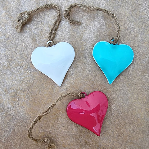 Set of 3 Metal Heart Hanging Ornaments - Red, Blue & White