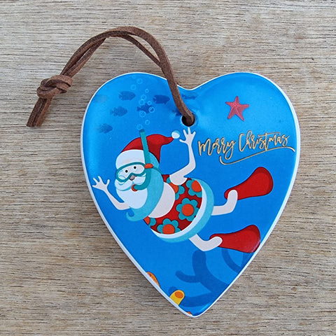 Diving Santa Merry Christmas Hanging Heart Ornament