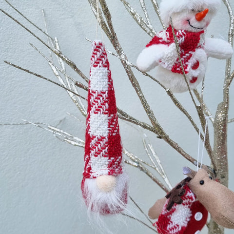 Hanging Gnome Christmas Ornament With Check Hat