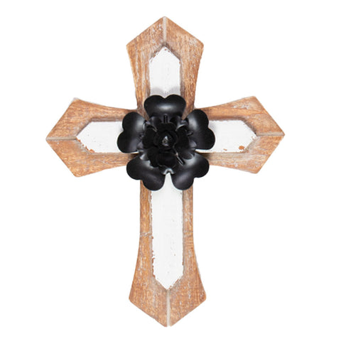 Wood and Metal Flower Cross - Black & White