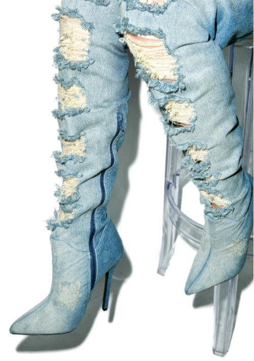 blue jeans thigh high boots