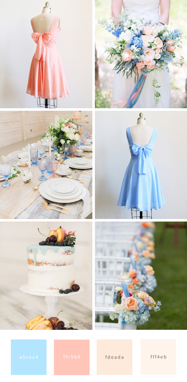 peach and light blue wedding inspiration bridesmaid dresses