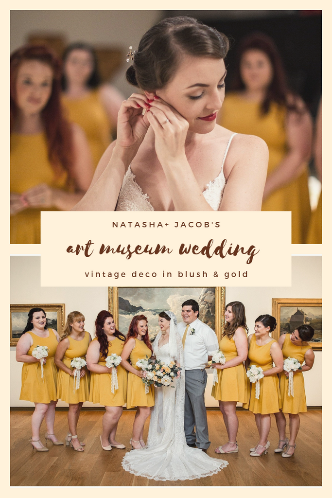 vintage style wedding in Orlando art museum with gold mustard yellow bridesmaids