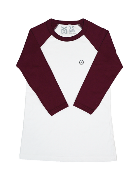 maroon and white baseball tee