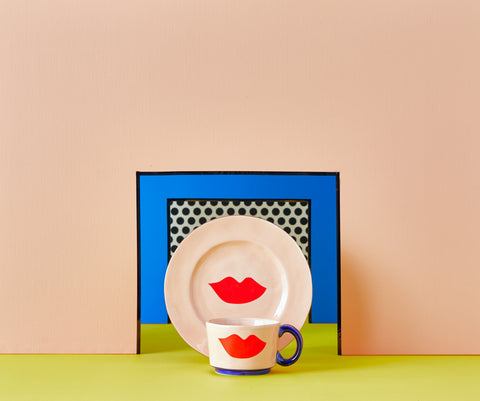 Clare V. x Anthropologie Pink with Red Lips Dessert Plate with Matching Mug