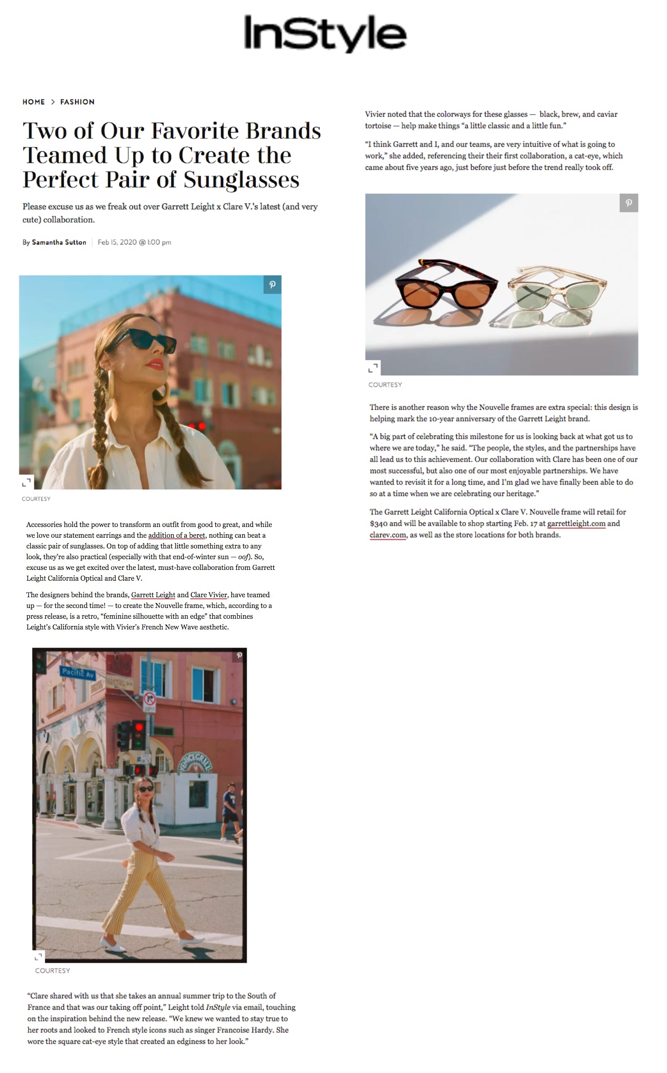 In Style Magazine Two Of Our Favorite Brands Teamed Up to Create the Perfect Pair of Sunglasses Featuring Our Clare v. x Garrett Leight Collaboration 