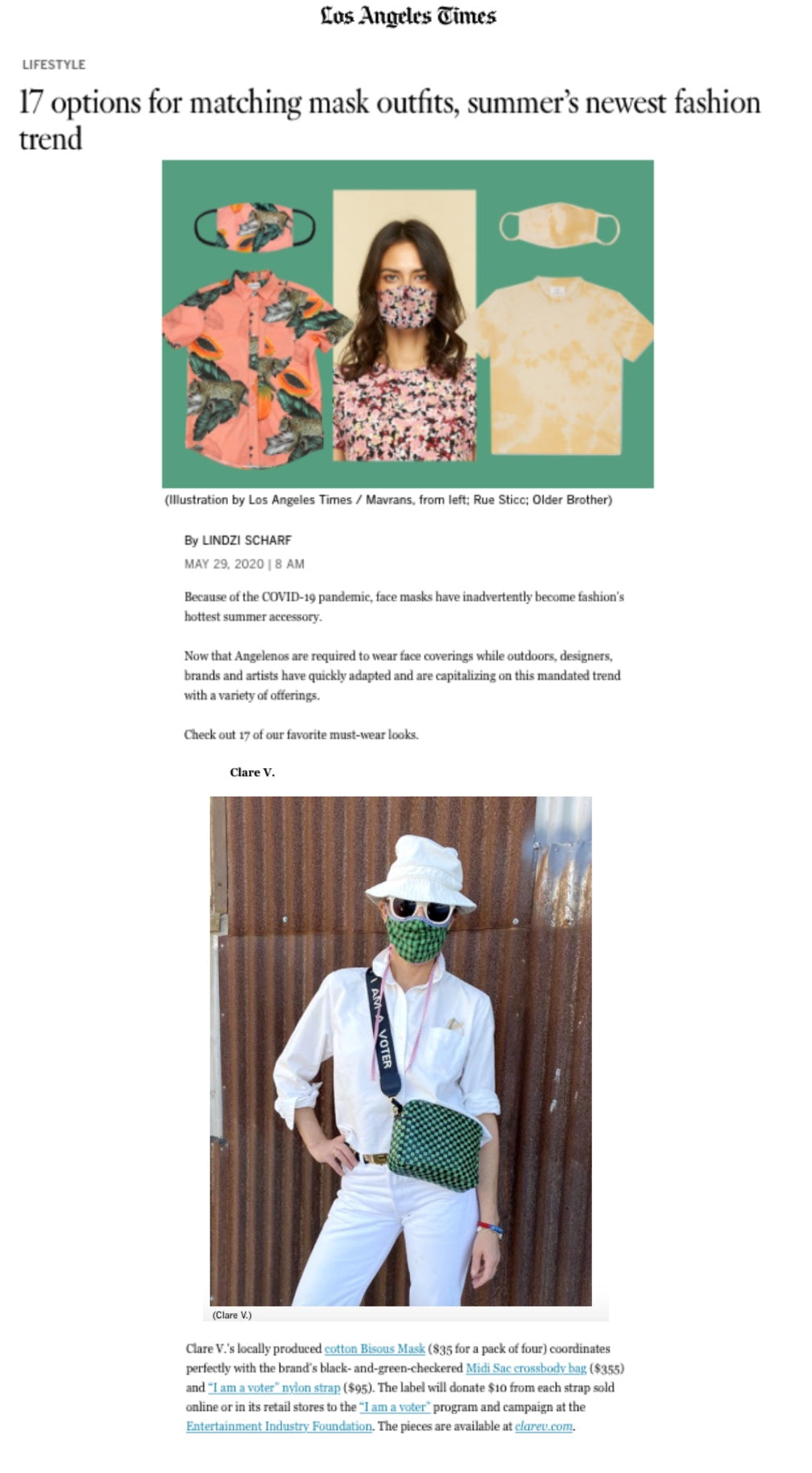 Los Angeles Times 17 Options For Matching Mask Outfits, Summer's Newest Fashion Trend Article Featuring Greta Wearing our Bisous Mask and Green and Black Woven Midi Sac