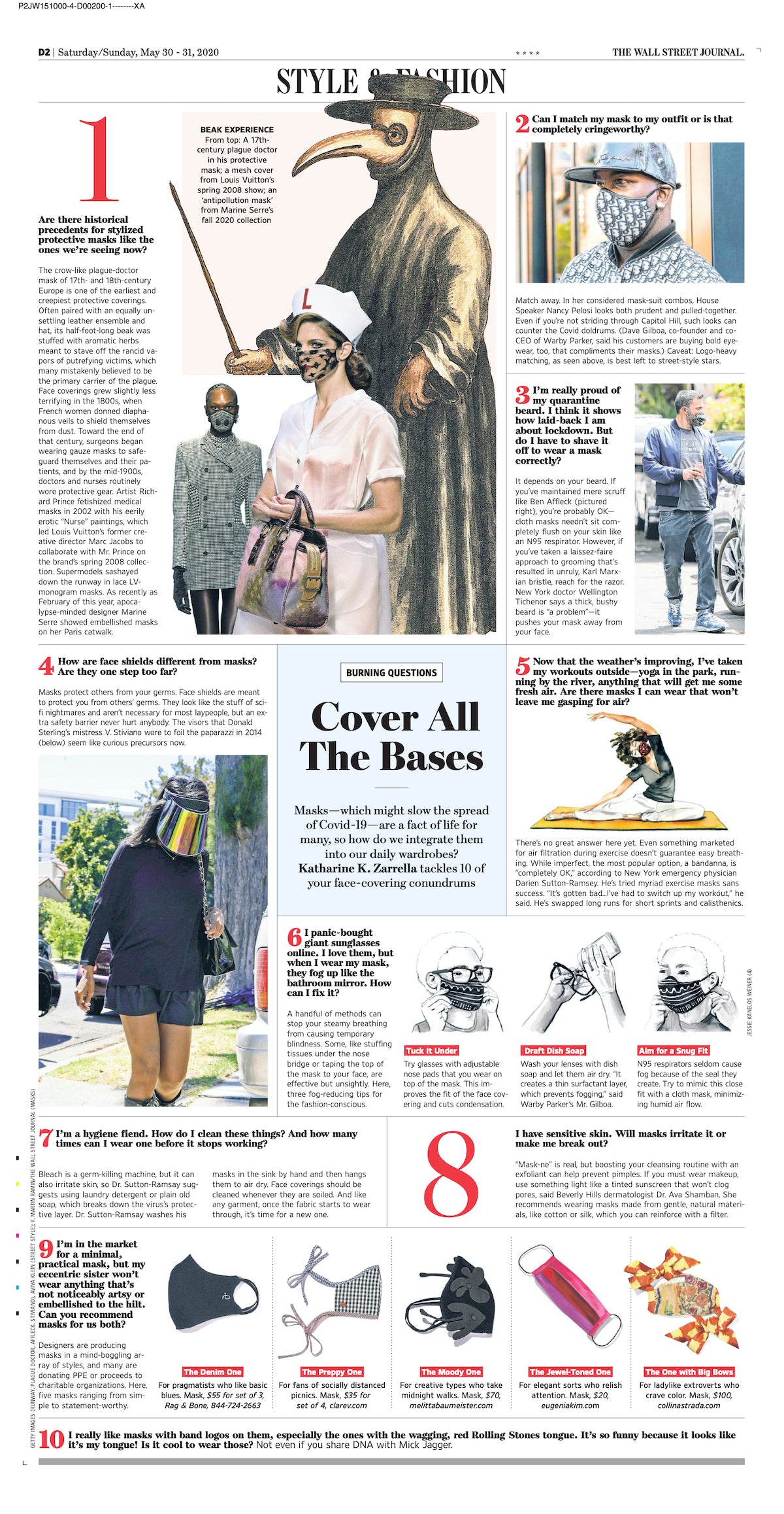 Wall Street Journal Snippet from Saturday/Sunday, May 30-32, 2020 Featuring Our Bisous Face Masks As Part of Their Cover All The Bases Story