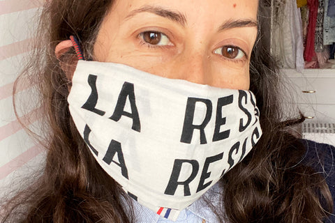 Clare Vivier Wearing Our Vive La Resistance Bandana As A Mask
