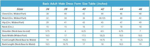 Basic Adult Male Professional Dress Form Size Table