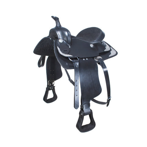 All purpose - Trail Saddle - Black Western Saddle with silver conchos and silver trimmings on skirt