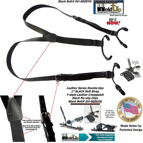 American made black clip-on BELT STRAP STYLE Leather Double-Ups by Holdup Suspender Company are made in the USA with genuine Bonded leather 1 inch wide straps.