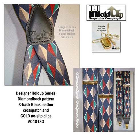 The diamondback pattern is part of Holdup® Suspenders Designer series clip-on patented suspenders