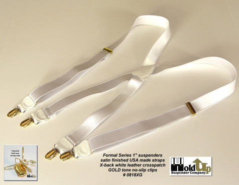 Formal Series satin finished 1 inch wide white suspenders with gold tone no-slip patented clips