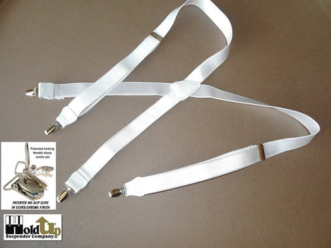 Satin Finished USA made white Formal Series Holdup suspenders with silver patented no-slip clips and white leather trim