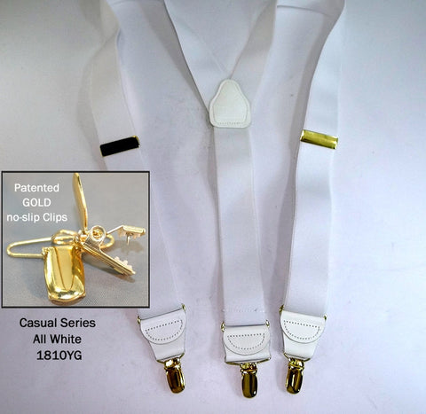 Casual Series All White Y-back Holdup suspenders with Gold tone no-slip clips