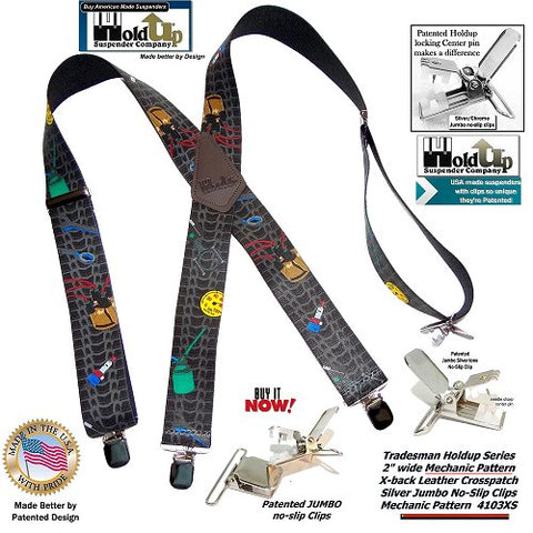 Tradesman Series Holdup Mechanic pattern work X-back suspenders with patented center pin type jumbo no-slip clips