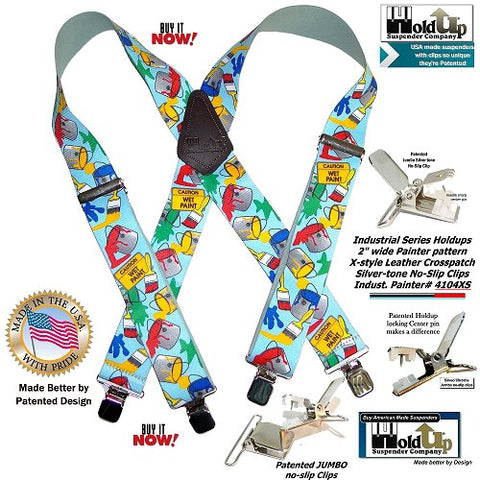 Holdup brand skilled Tradesman Painter Pattern heavy-duty x-back suspender with jumbo silver-tone no-slip clips 