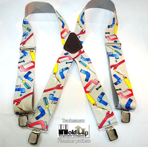 2 inch wide Tradesmen Pattern Holdup suspenders in Plumber pattern with jumbo no-slip clips