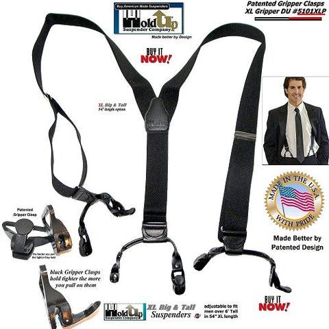 Holdup Black Pack Gripper Clasp XL Double-Up Y-back Suspenders with Patented Gripper Clasps