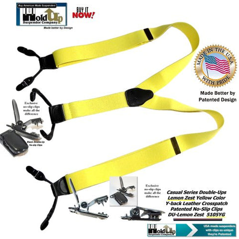 Light Lemon Zest Yellow dressy dual clip Holdup suspenders in classic Double-Up style with black no-slip clips and they're made in the USA.