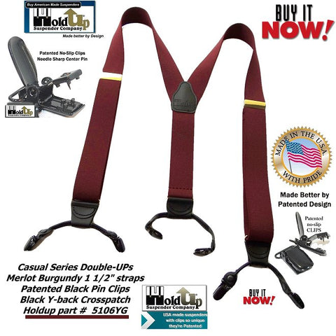 Dual Clip Double-Up style Holdup Suspenders in dark Merlot Burgundy color with black patented no-slip clips