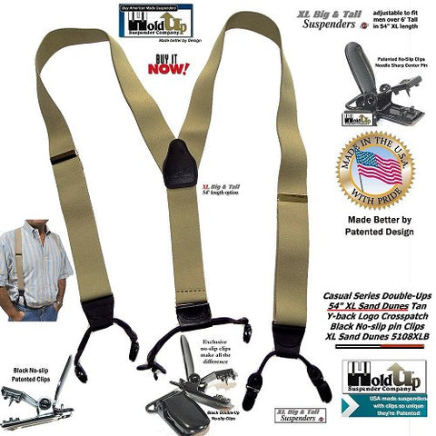 USA made Holdup brand XL Double-Ups in Sand dunes tan color with patented no-slip clips