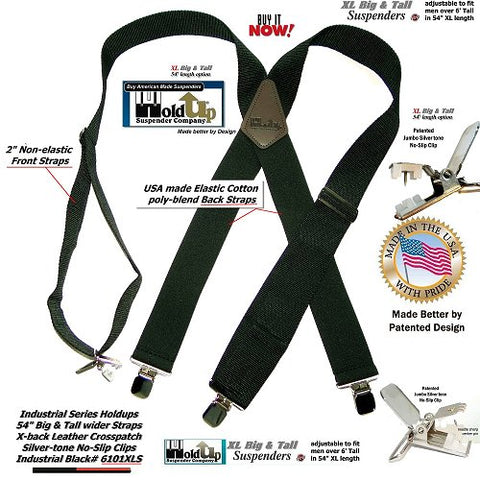 Industrial Series Black Holdup X-back Heavy Duty work suspenders with jumbo No-slip clips