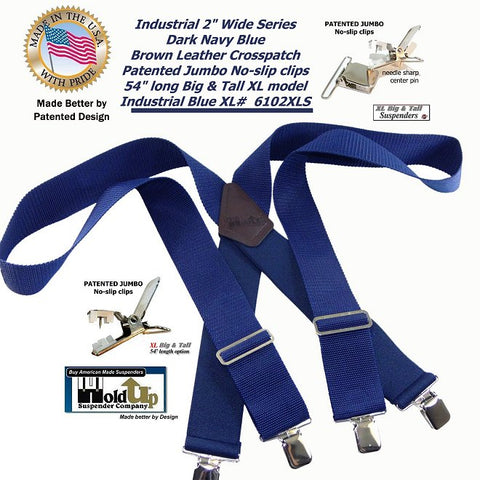 Holdup Suspenders Industrial 2" Wide XL Work Suspenders with Non-elastic Straps and Jumbo Silver No-slip Clips