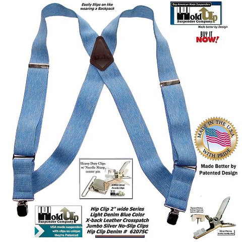 Hip-Clip Blue Denim color 2 inch wide side clip Holdup Suspenders with Jumbo Silver No-slip center pin type clips