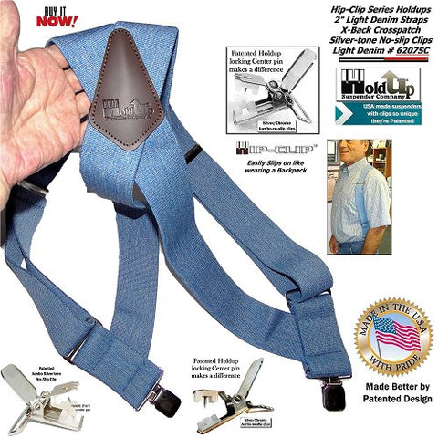Light Blue Denim Side clip Holdup Hip-Clip Suspenders with patented jumbo no-slip clips