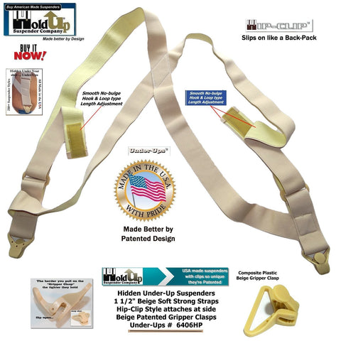 HoldUp Brand Specialty Series Under-Up Tan Suspenders with Patented Beige Gripper Clasp