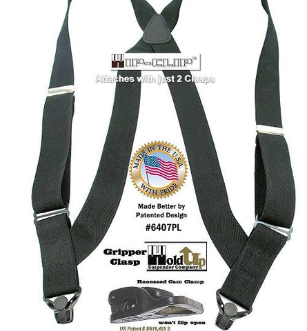 Black Hip-Clip Series Holdup side clip suspenders with black Gripper Clasps and they're made in the USA