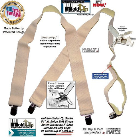 Big and Tall men's X-back Holdup 2" wide undergarment soft fabric beige suspenders with patented no-slip clips