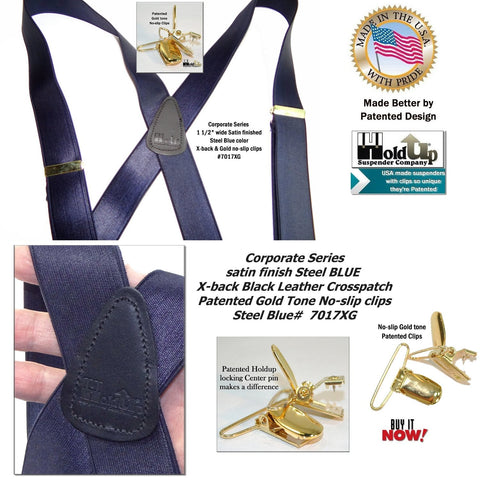 Satin finished Steel Blue Corporate Series Holdup suspenders with Gold no-slip clips are made in the USA